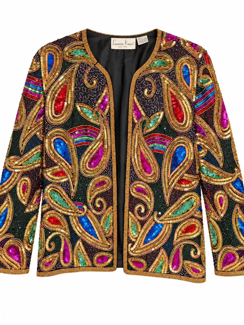 Vintage Laurence Kazar Silk Sequin Beaded Paisley Jacket Size L Colorful Gold